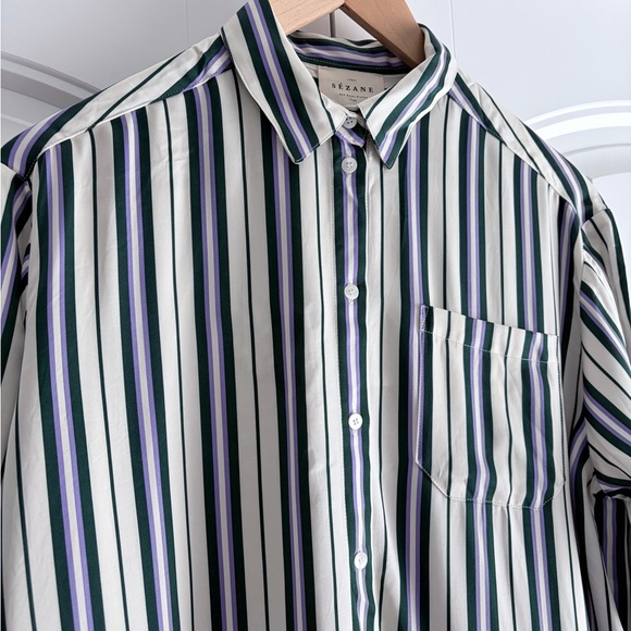 Sezane NWT Max Striped Shirt Green Purple Relaxed Fit Women's Size 34 US Size 2 - Picture 2 of 12
